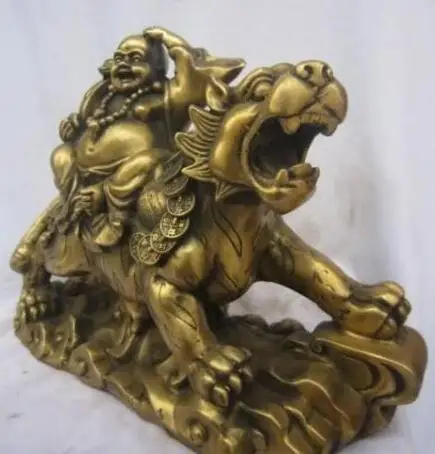 15 "Китайский Бронзовый Happy смех Будда держит Ruyi на Тигр богатство деньги статуя