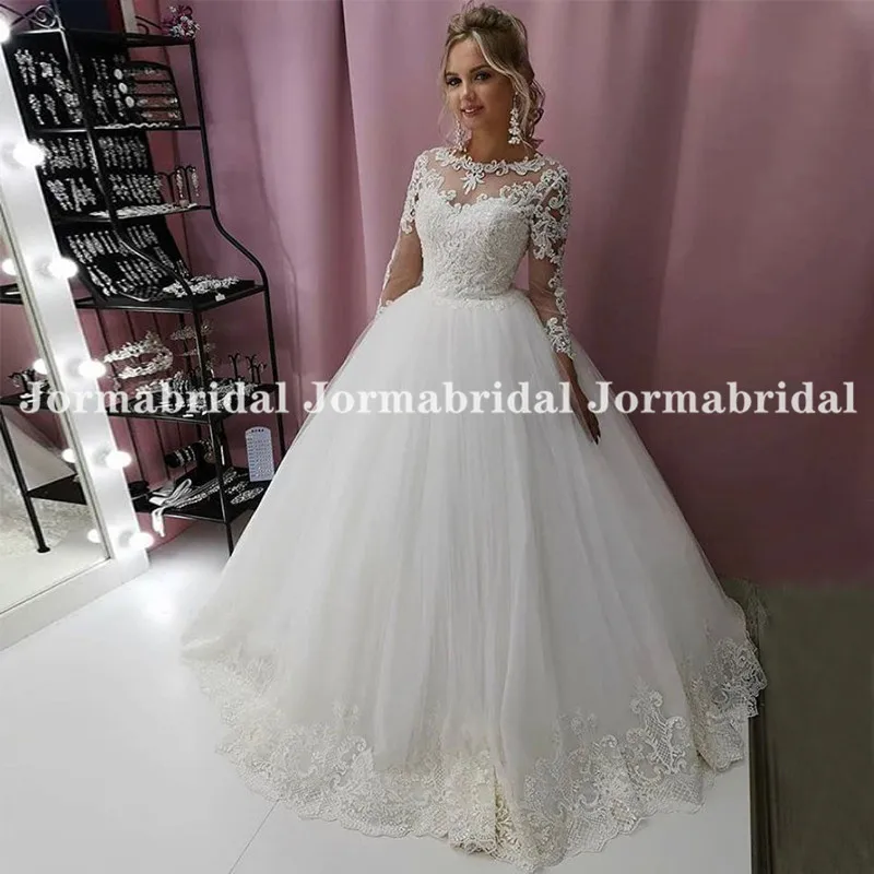 

Vestido De Noiva 2021, винтажное кружевное бальное платье, свадебные платья, белое фатиновое платье с круглым вырезом и длинными рукавами 3/4, платье н...