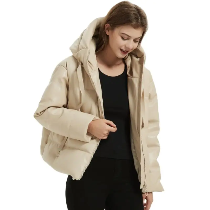 Enlarge YDTOMM Padded Jacket Coat Long Sleeve Hooded Parka Coat Female Elegant Outerwear Tops Faux Leather Fashion Thick Warm PU Women