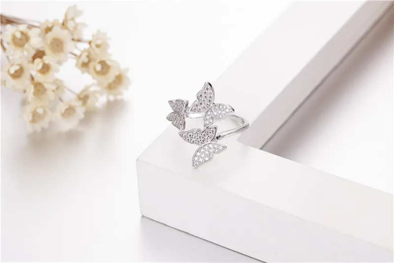 Женское Открытое кольцо в виде бабочки из серебра 100% пробы с изменяемым размером