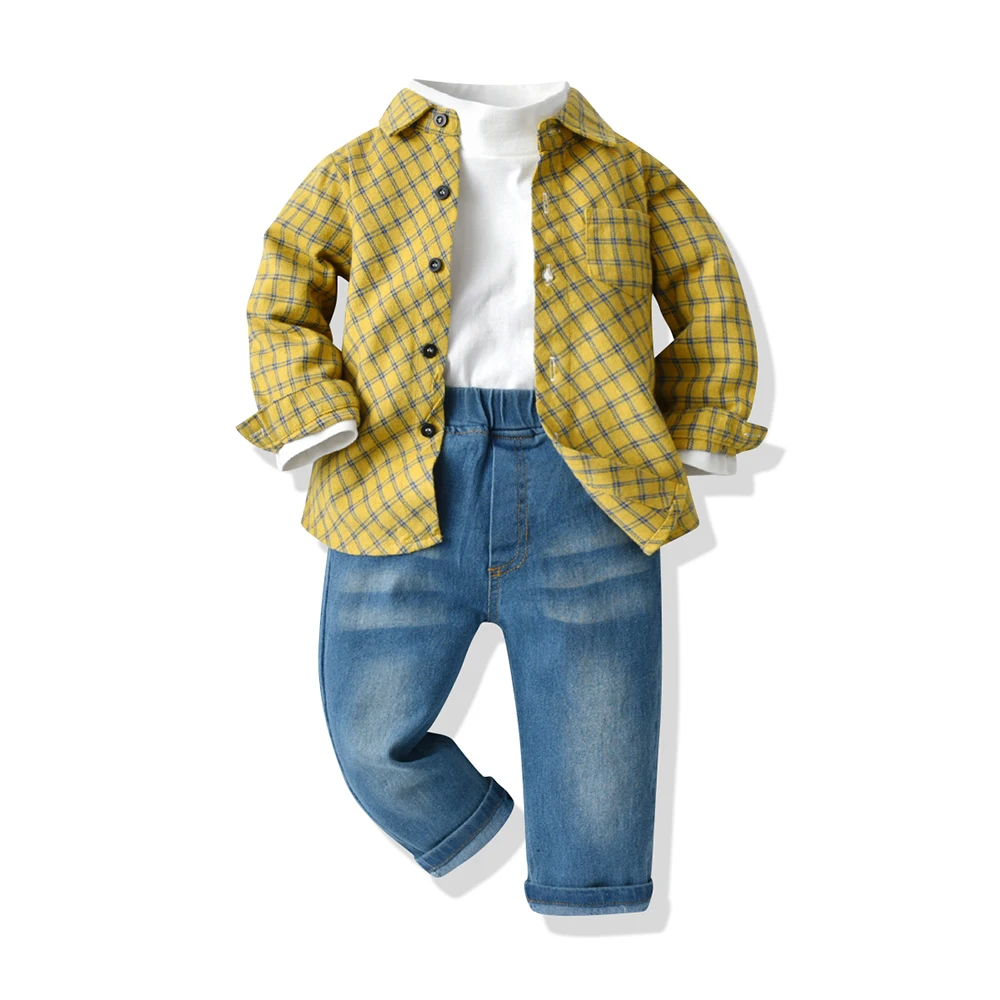 

top and top Autumn New Fahion Boys Casual Clothing Set Kids Boys Long Sleeve White Tshirt+Plaid Shirt+Jeans Pants 3PCS Outfits