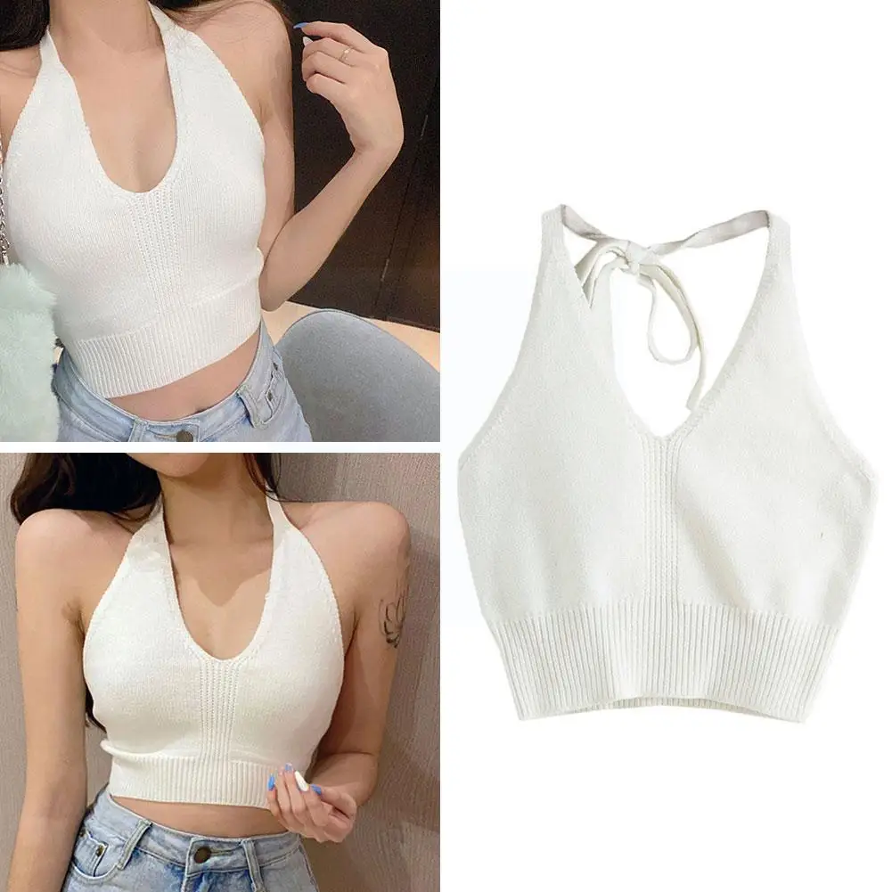 

Halter V Neck Top Clothes Summer Sexy Backless Knitted Tops Sleeveless Top For Women Vest Streetwear Color Camisole Tank
