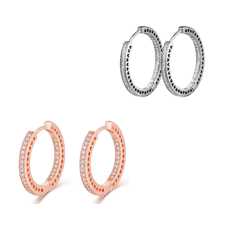 

Radiant Hearts Big Hoop Earrings for Women Clear CZ 925 Silver & Rose Golden Color Round Shape Female Earrings Jewelry