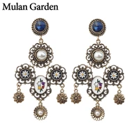 mg pearl flower gothic earrings women blue rhinestone statement dangle earrings vintage jewelry needle accessories