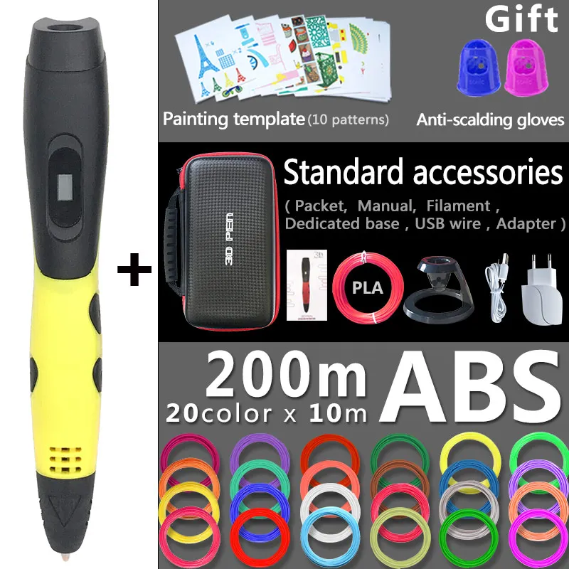 Yellow pen 200m ABS 3d Ручка 3d ручки, подарок на год для детей; подарок на день рождения, Рождество, 3 d Ручка 3d модели, Творческая 3d печатная ручка, 1,75 мм ABS/PLA нити - Цвет: Yellow pen 200m ABS