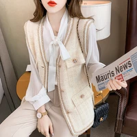 spring and autumn 2021 korean style fashion tops artificial mink hair vest french style retro elegant tweed vest coat for women