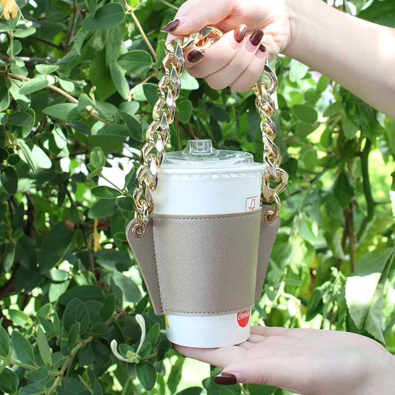 Soporte de mano de t&eacute; de la leche de cuero PU, cadena desmontable para p&iacute;cnic al aire libre, taza de caf&eacute; port&aacute;til, bolsa de embalaje exterior (sin taza de agua), 1 ud.-1