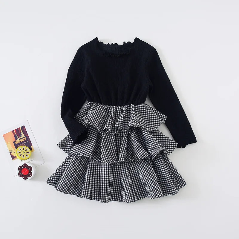 Baby Autumn New Arrivals Girl Dress Splicing Plaid Tutu Child Black Long Sleeve Princess Cotton Cute Sweet Dresses | Детская одежда и