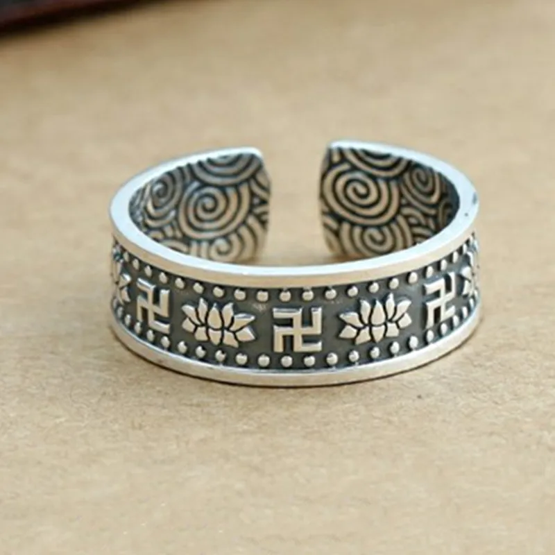 925 Чистое серебро ручной резной узор лотоса Ретро Индивидуальность тренд кольцо