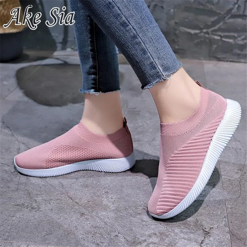 Кроссовки женские вязаные без шнуровки Вулканизированная плоская подошва