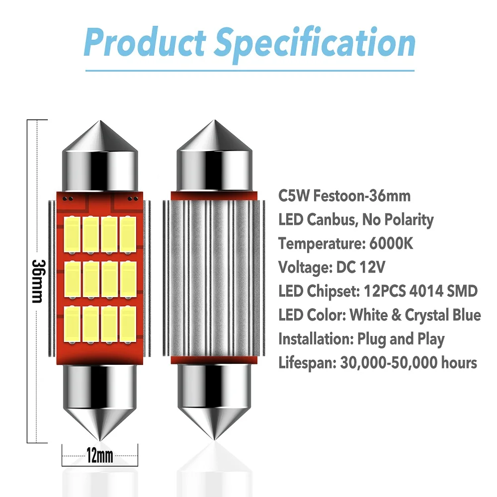 2 шт. светодиодный Canbus 36 мм C5W лампы 4014 SMD Подсветка салона номерной знак световая