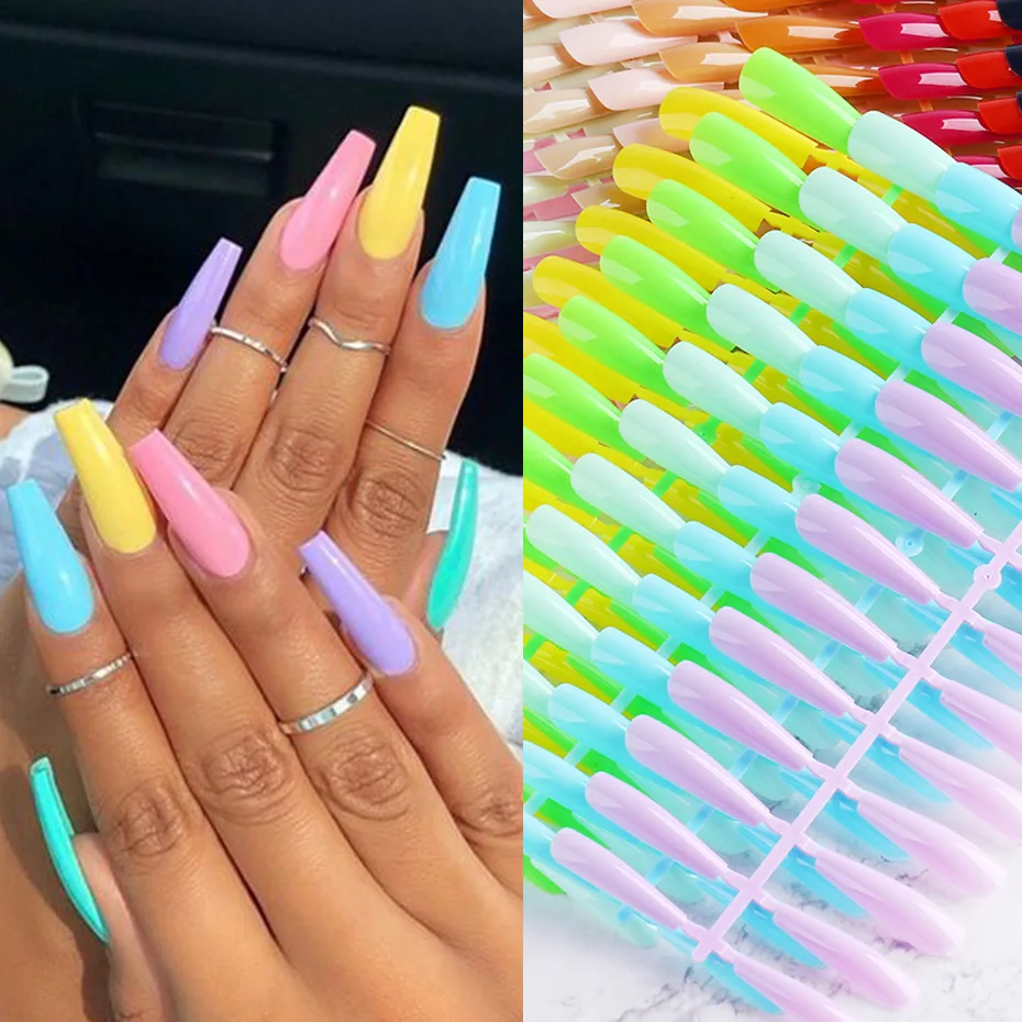 

120pcs/Strip Pack Fake Nails Nail Art Tips Press On Fake Bright Multicolour Designs Full Cover Artificial Long Detachable