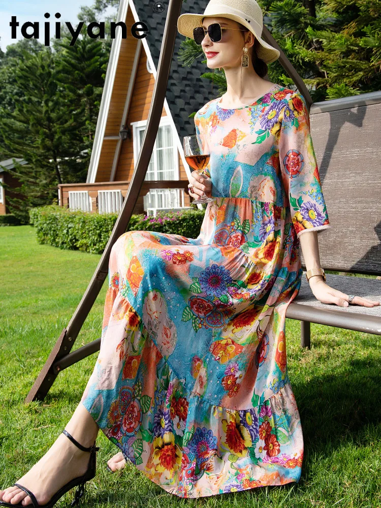

Tajiyane Desses for Women 100% Silk Long Dress Floral High Quality Woman Cloth Real Silk Women's Dresses Causal Robes TN2527