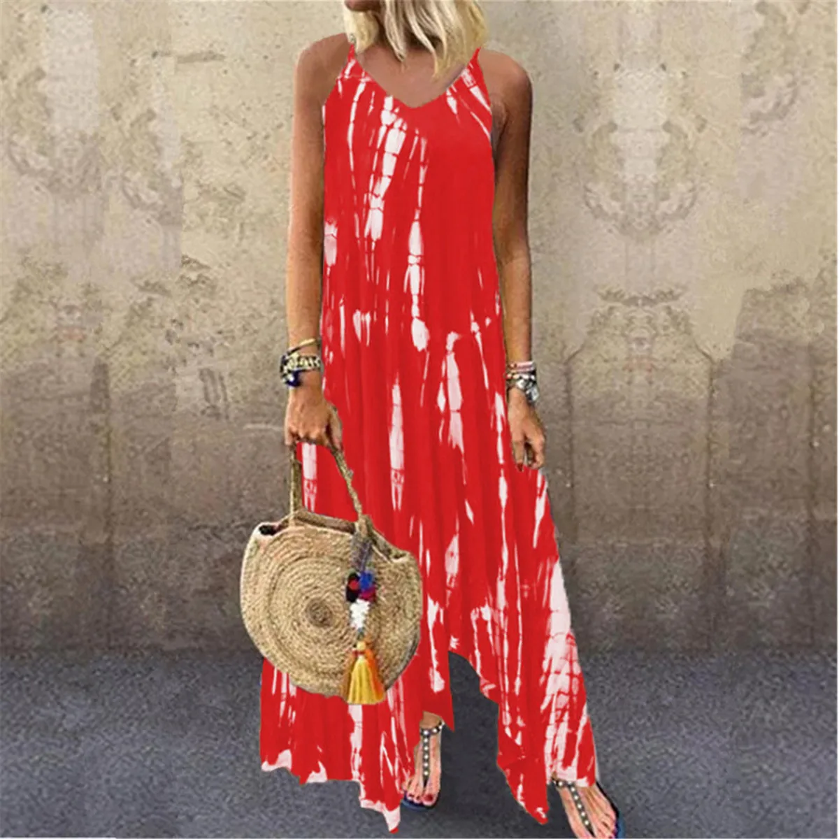 

New Fashion Long Print Splice Irregular Tie-Dye Pocket Dress For Summer 2021 Casual Loose Multicolor Sleeveless Dress Vestidos