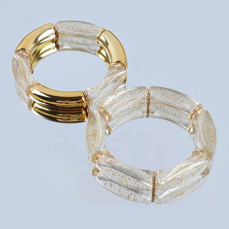 

FishSheep Bohemian Transparent Gold Foil Acrylic Bracelets Wristband For Women Elastic Beads Link Chain Cuff Bracelets & Bangles