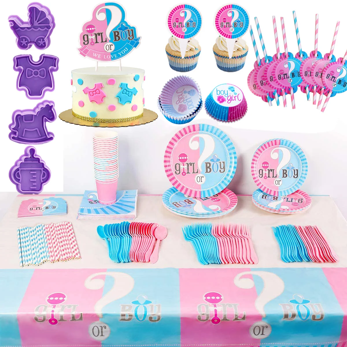 

Gender Reveal Party Supplies Decoration For 10Guest Baby Shower Flatware Boy or Girl Tablecloth Plates Cups Straws Napkins