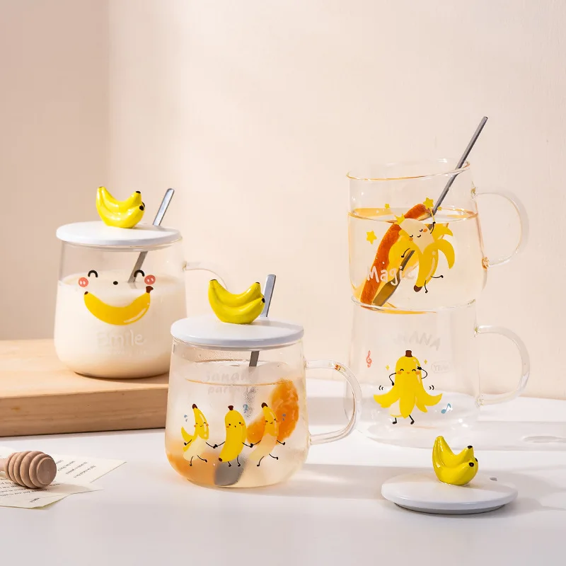 

Creative Glass Cup Funny Banana Pattern Water Cup Household Office Cartoon With Lid Spoon Student Breakfast Milk Coffee Cup