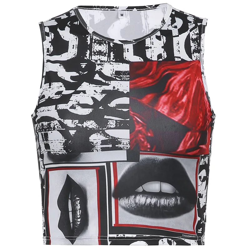 

New Abstract Lips Printed Stitching Vest Female Fashion Round Collar Coat Of Cultivate One's Morality