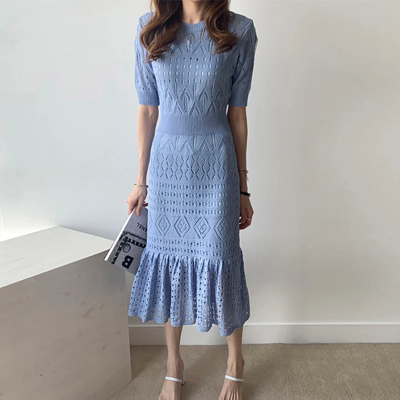 SHTONGHUA новые модные женские вязаные миди платья осень выдалбливают Bodycon оборка в