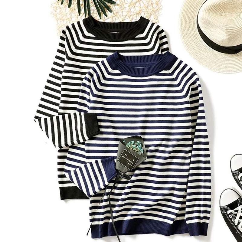 Женские трикотажные свитера полосатые пуловеры с длинными рукавами базовые