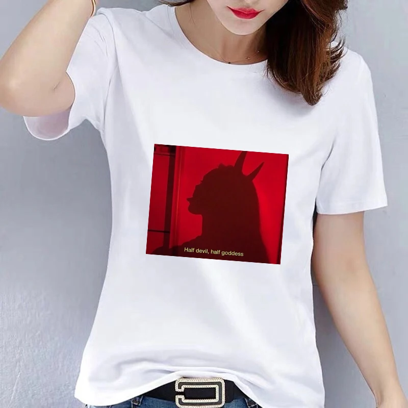 

Summer White Love&Hell Print T-shirt Chic Harajuku Vintage Kiss Me Plus Size T Shirt Loose Fashion Angel&Devil Tshirt Women Tops
