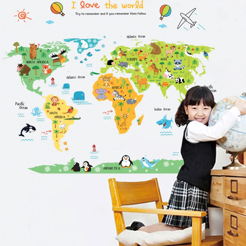 

DIY Bedroom Decor Cartoon World Map Cute Animals PVC Wallpaper Sticker Living Room Decoration Wall Stickers For Kids Rooms Decor