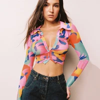 multicolor printing skinny t shirt single breasted open navel short tops long sleeve turn down collar fashion chic women clothes