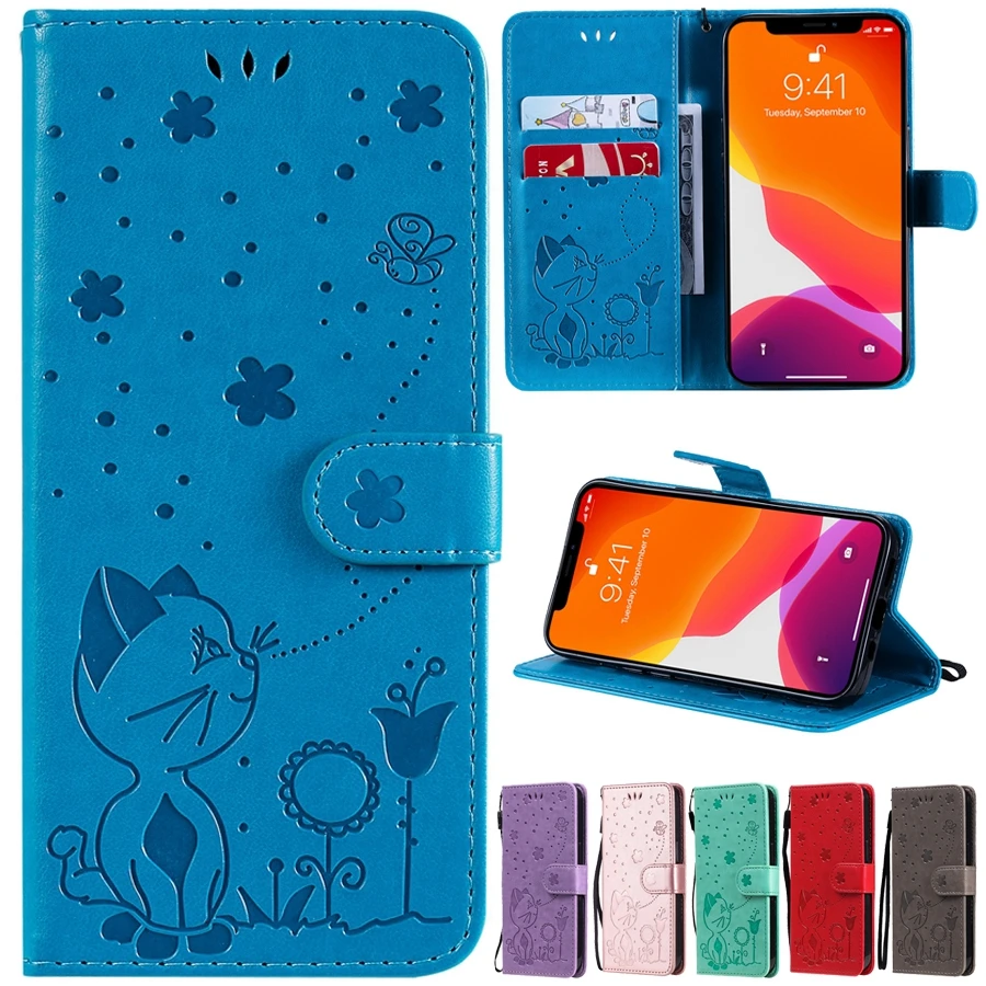 Wallet Cat and Bee Leather Case For iPhone 13 Pro Max 13 Mini 12 Pro Max 11 Pro Max SE 2020 X XS XR XS Max 8/7/6S Plus 5 5S SE
