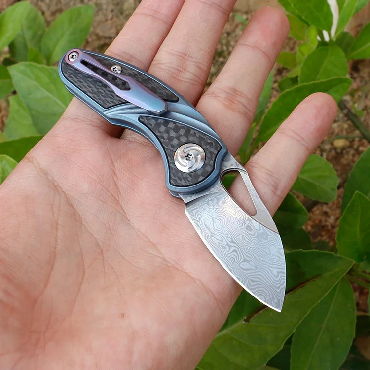Harga Serat Karbon Batang Jepang S35VN Baja Pisau Lipat Mini Damaskus Portable Kalung Kunci Rambut Multi Pisau Kualitas Terbaik