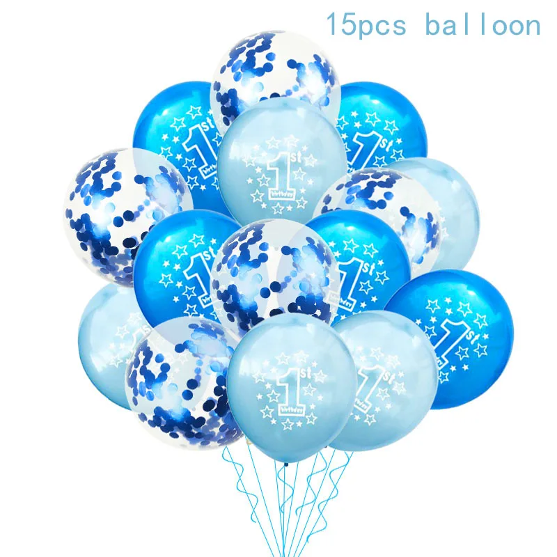 15pcs balloon 10/15 шт, для девочек и мальчиков 1st на день рождения воздушные шарики розового и голубого цвета с конфетти шары из латекса 1 Year Old первый День рождения Декор Baby Shower поставки - Цвет: 15pcs balloon