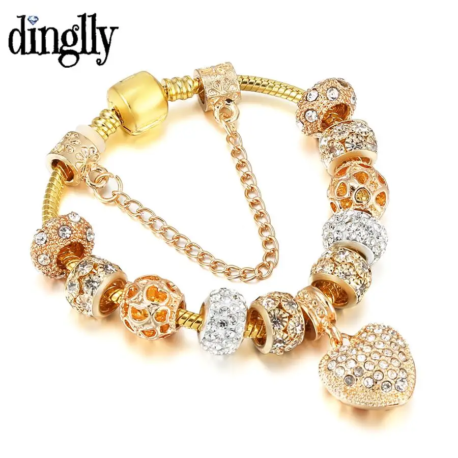 

DINGLLY Golden Heart Charm Bracelets For Women Men Original Shiny Heart Crystal Bead Gold Bracelet & Bangle Fashion Jewelry Gift
