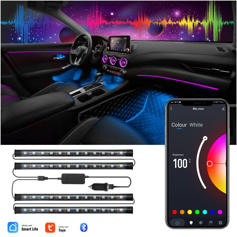 

Автомобильный USB светодиодный RGB атмосфера полосы светильник авто Интерьер декоративный светильник с USB приложение Беспроводной дистанцио...