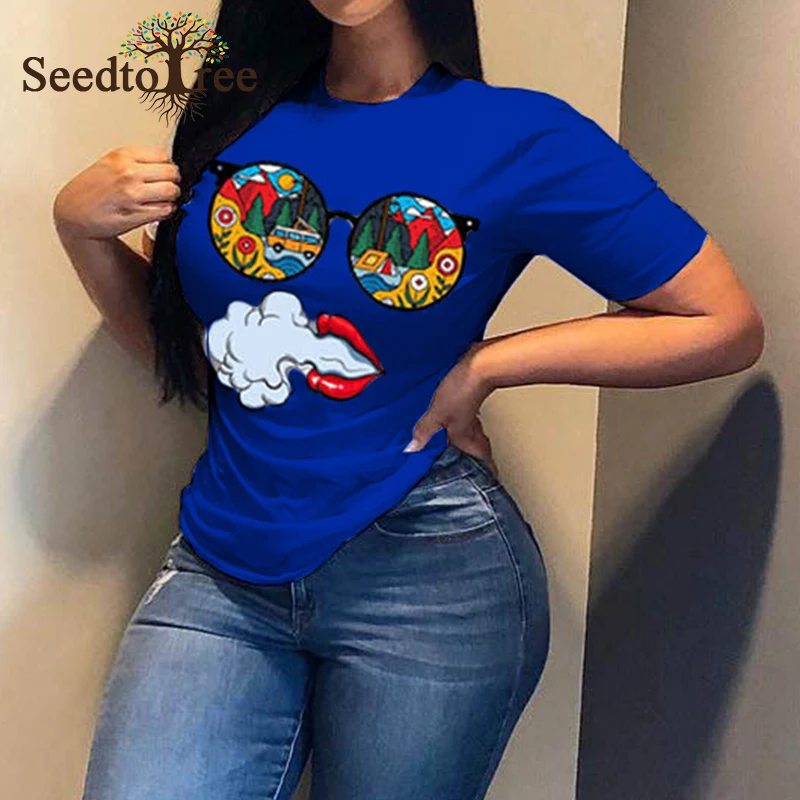 

Cartoon Print Short Sleeve Casual Tops Women Brief Slim Summer T Shirts