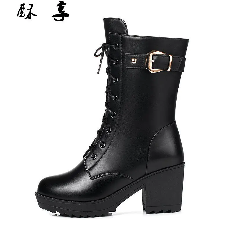 

2020 Winter High-heeled Genuine Leather Women Winter Boots Thick Wool Warm Women Military Boots High-quality Female Snow Boots
