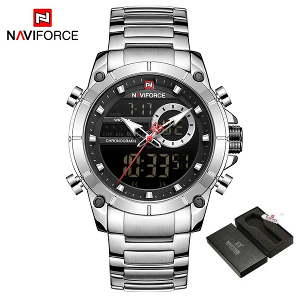 SilverWithBox NAVIFORCE новые мужские спортивные часы Топ люксовый бренд кварцевые наручные часы для мужчин водонепроницаемый двойной дисплей дата часы Relogio Masculino - Цвет: SilverWithBox