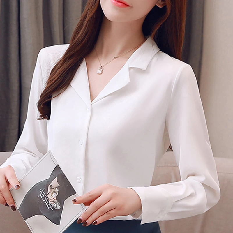 

Long Sleeve White Blouse V-neck Office Blouse Shirt Women Tops Blouse Women Blusas Mujer De Moda 2021 Chiffon Blouse Blusa