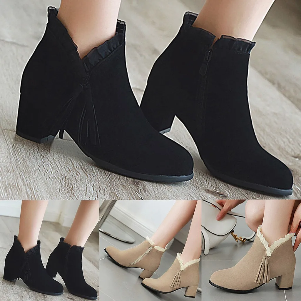 

Large size women's shoes ankle boots winter side zip tassel pendant lace round head suede square with ankle boots