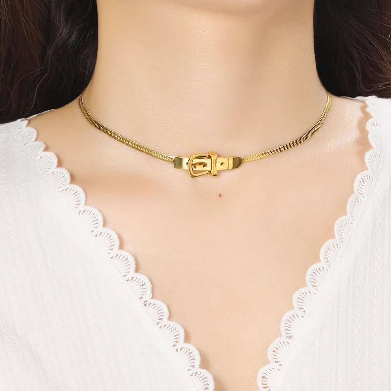 

Fashion Belt Buckle Snake Chain Necklaces 18K Gold Plated Stainless Steel Watch Belt Necklace Party Jewelry Accessories