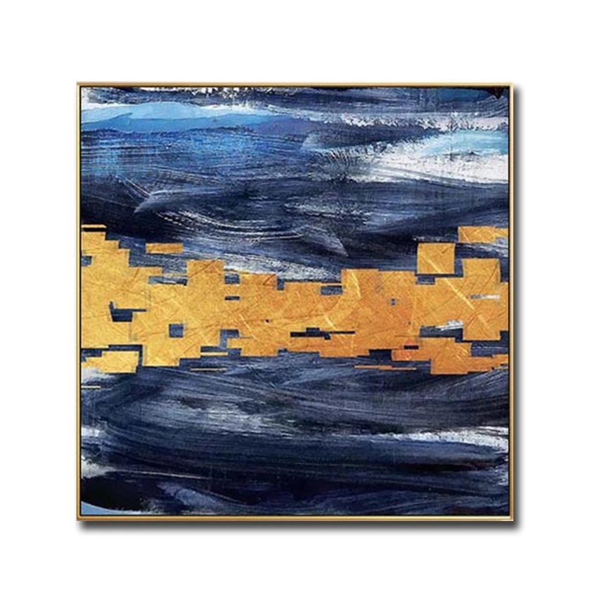 

Unframed Panel Love Wall Art Hand Painted Gloden Color Blue Oil Painting On Canvas Wall Pictures Painting For Living Room