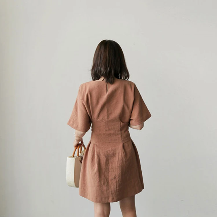 Женское Плиссированное мини-платье повседневное хлопково-льняное платье с