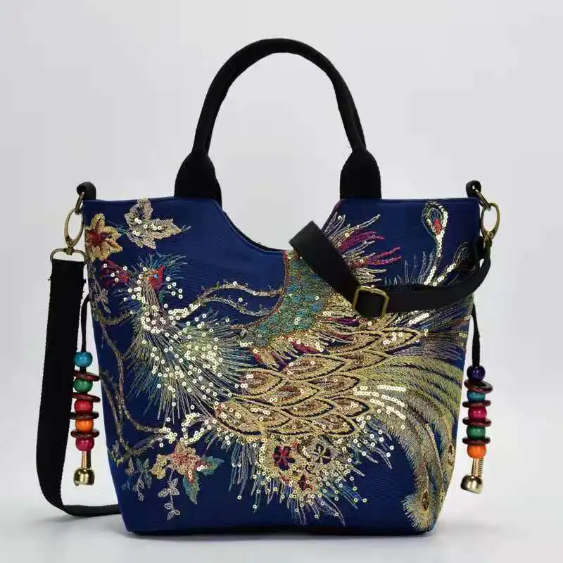

Women Shoulder Bag Handmade Embroidery Peacock Bohemia Ethnic Style Retro Handbag Large Capacity Tote Messenger Bag for Girl
