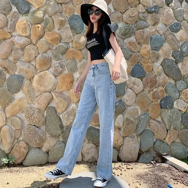 Женские прямые джинсы с высокой талией синие широкие в Корейском стиле