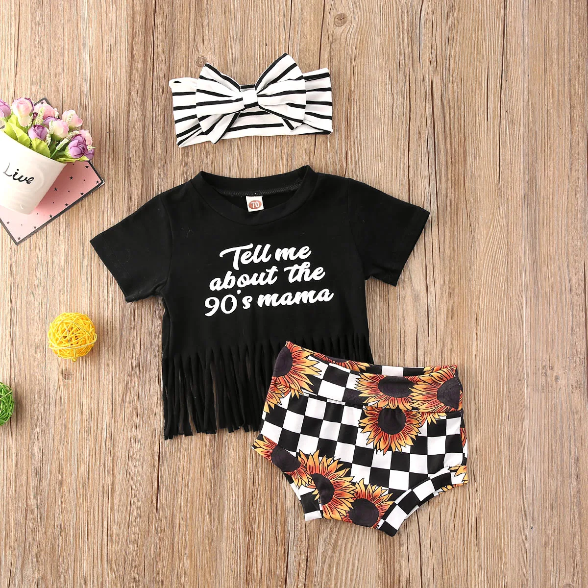 

0-24M Newborn Baby Girls Clothes Sets Short Sleeve Tassel T-Shirts +Sunflower Shorts+Headband 3pcs Baby Girl Clothing Summer