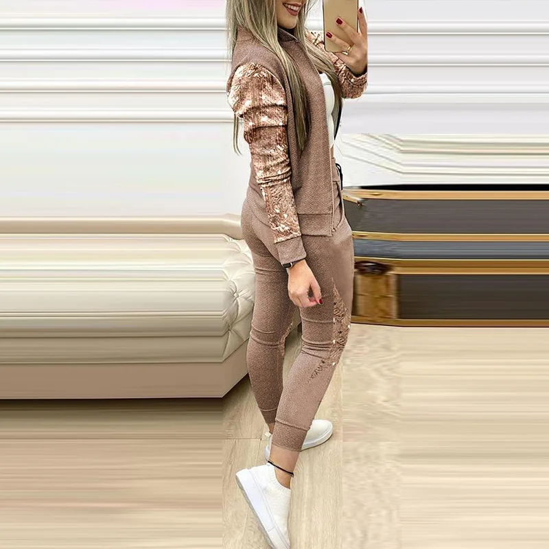 

Patchwork Sequin Women's Sports Sets Zipper Long Sleeve Coat Drawstring Pants Female Suit 2021 New Running Fashion Ladies Sets