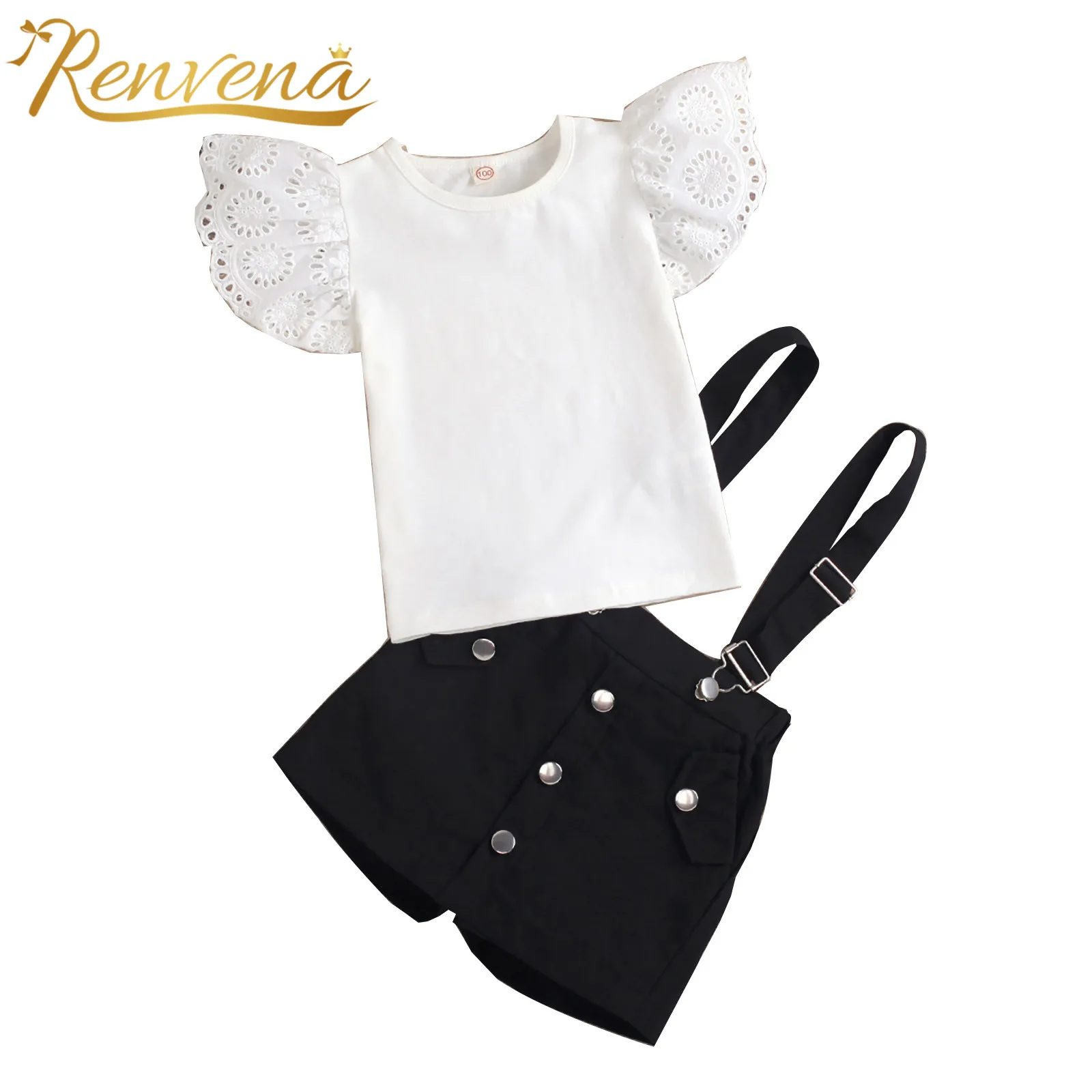 

Летняя одежда для девочек, наряд, Детский комплект, Однотонная рубашка с круглым вырезом, короткие шорты на подтяжках, детская одежда