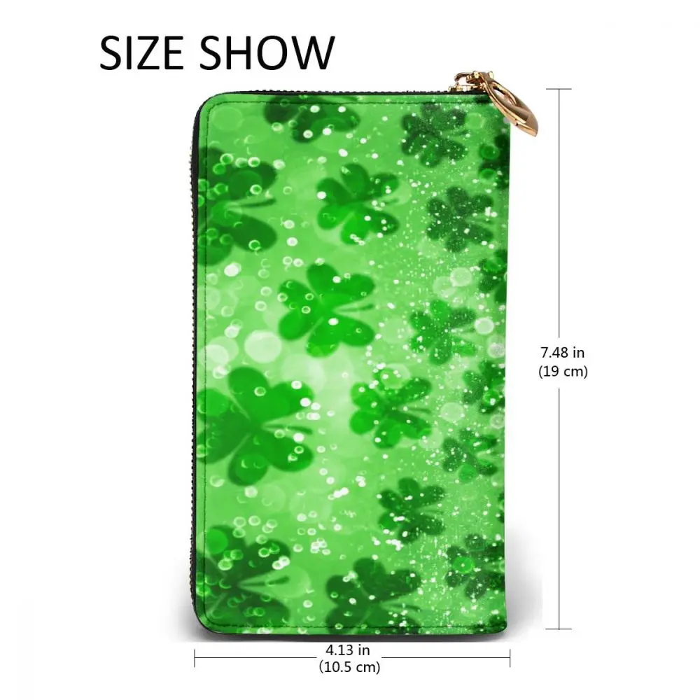 

Leather Wallet Long Green Glitter Sparkle Irish Shamrock Clovers Multiple Cards Holder Clutch Female Male Purse Standard Wallet