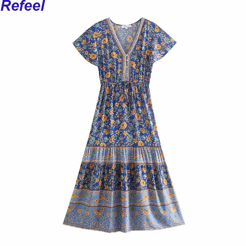 

women floral print V-neck sashes Bohemian midi dress ladies sleeve Boho rayon long loose dress vestidos