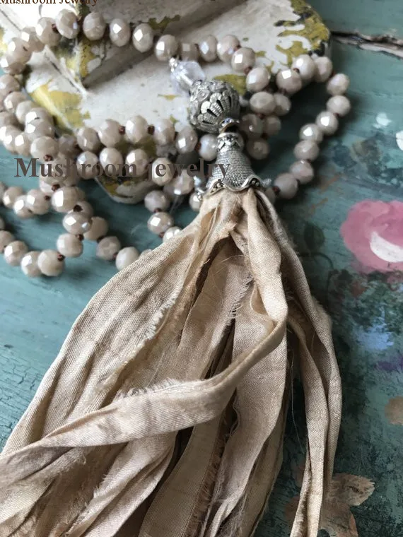 Long Hand Knotted Sari Silk Tassel Women Boho Crystal Beads Necklace