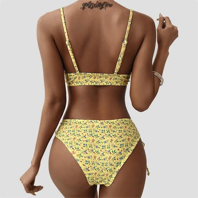 

2021 New Small Floral Drawstring Lace Sexy Split Women's Bikini 2-Piece Set
