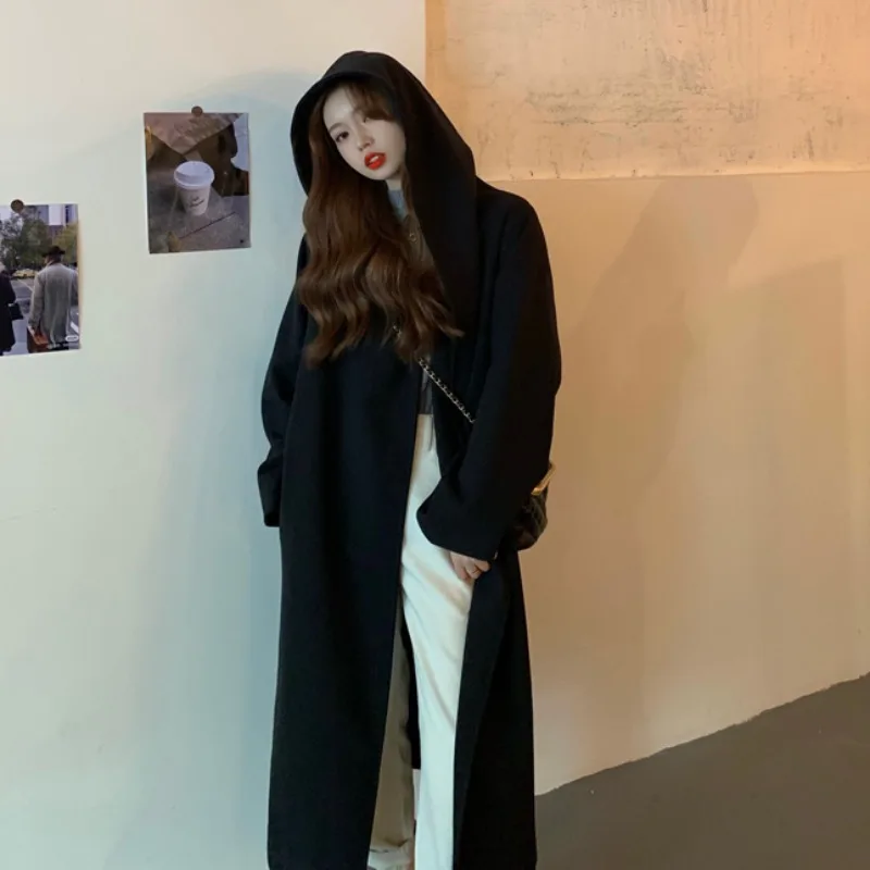 Женское черное шерстяное пальто с капюшоном Ulzzang Chic теплая Повседневная